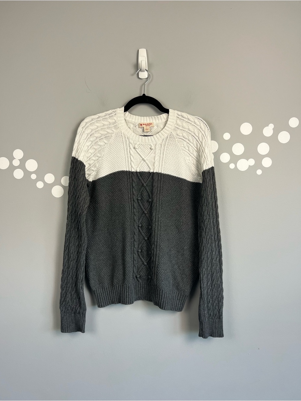 Brooks Brothers Red Fleece Cable Knit Colorblock Sweater Gray White Size L